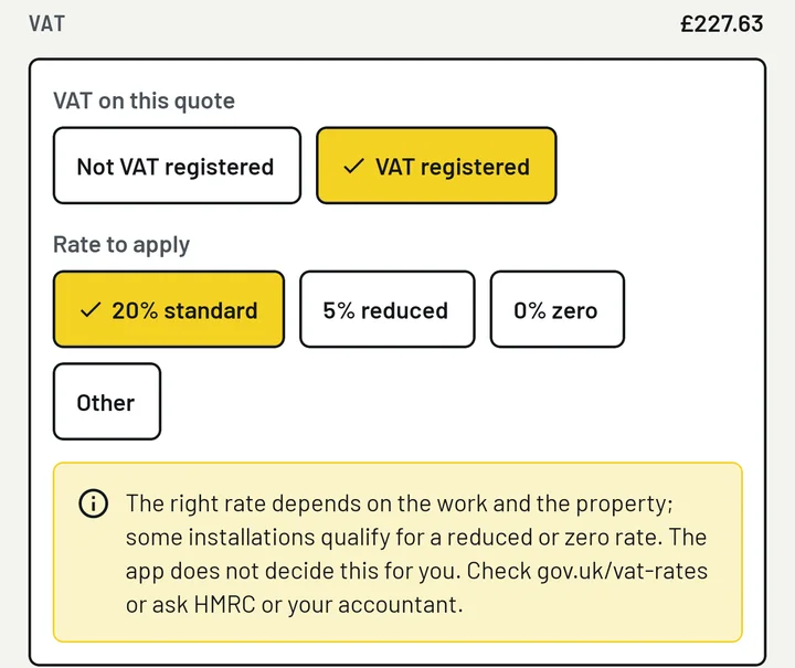 VAT card in the app: Not VAT registered or VAT registered, then 20% standard, 5% reduced, 0% zero or Other, and a note that the app does not decide the rate.