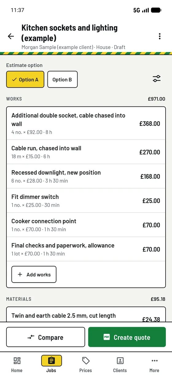 Job screen for the example job: option chips, a list of works with quantities, times and prices totalling £971.00, and the start of the materials list.