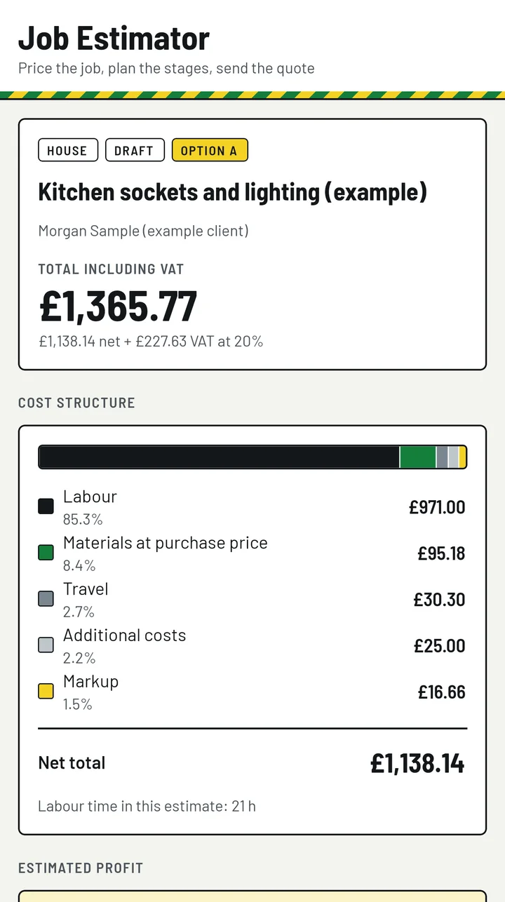 Home screen of the app showing the example job: total including VAT £1,365.77, a cost-structure bar and its legend.